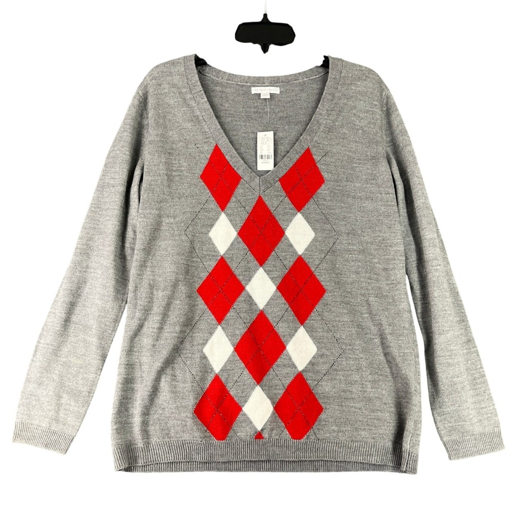 New York And Company Argyle Sweater Women XL V Neck Pullover Knit Classic Top